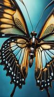 Close-up of butterfly with black, gold, and blue detailed wings on vibrant turquoise background, macro photography photo