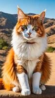 Orange and white Maine cat sitting on a stone surface with desert mountains in the background, under clear blue sky photo
