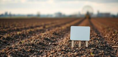 Empty sign on cultivated farmland with young sprouts, blurred background, concept of agriculture, organic farming, and food production photo