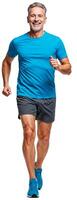 Active senior man running energetically in blue and grey sportswear isolated on white background photo