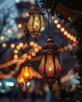A close up of a string of lights hanging from a lamp post photo