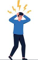 A young man expressing stress and anxiety in a minimal flat design style with lightning bolts above his head, representing overwhelming emotions, art vector