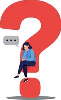 Woman sitting thoughtfully on a large red question mark in a flat design style, symbolizing curiosity and contemplation in art vector