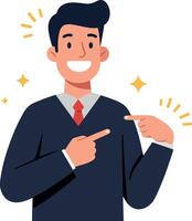 Cheerful young man in a suit pointing confidently with a bright smile in a flat illustration style vector