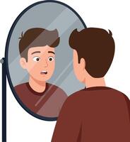 A young man with a surprised expression gazes into a round mirror in a minimal, flat design illustration vector