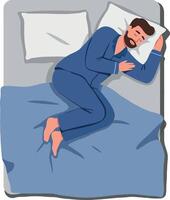 Man peacefully sleeping on a blue bed with white pillows in a minimal and modern design art vector
