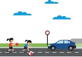 Two children playing with beach balls on the road while a car passes by in a colorful flat illustration vector