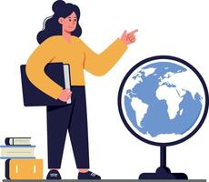 A woman with a confident expression pointing at a globe surrounded by books in a flat illustration style vector