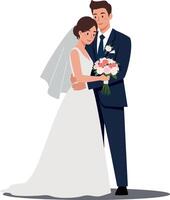 Happy newlywed couple embracing in elegant wedding attire with beautiful bouquet in a minimalistic flat design illustration vector