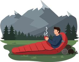 A man relaxing in a red sleeping bag while sipping coffee surrounded by mountains in a flat illustration vector