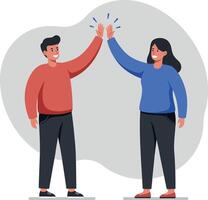 Two cheerful people in casual attire performing a high-five against a minimalistic background in a flat design style illustration vector