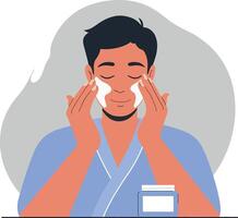 Man applying facial cream while enjoying self-care routine in minimalistic flat illustration vector