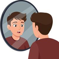 A young boy with surprised expression gazes into a round mirror reflecting his face in a flat illustration vector
