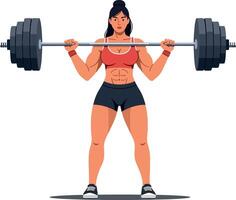 Strong woman lifting heavy barbell in a dynamic pose showcasing strength and determination in a flat illustration style vector