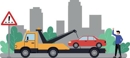 Yellow tow truck lifting a red car with a city skyline in a minimal flat design illustration vector