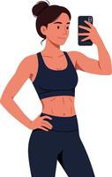 A confident woman taking a selfie in athletic wear with a flat design style showcasing fitness and self-expression in art vector