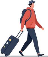 A young man in a red hoodie and hat walking with a suitcase in a flat and minimal design illustration vector