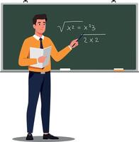 A male teacher in a bright orange shirt explaining math equations at a chalkboard in a classroom setting, featuring flat design illustration vector