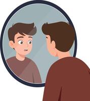 A young man looking surprised at his reflection in a circular mirror, featuring flat design style art vector