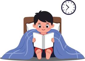 A cheerful boy reading a storybook under a cozy blanket on a bed with a clock showing bedtime in flat illustration vector