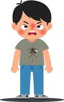 A young boy with an angry expression stands in a flat design style, showcasing mosquito bites on his face and shirt, depicted in vibrant art vector
