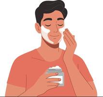Young man applying facial cream while enjoying self-care routine in minimal flat design art vector