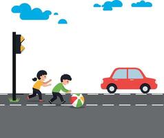 Two children playing with a beach ball on a street while a red car approaches, flat illustration capturing joy and carefree innocence vector