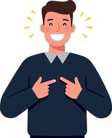Smiling young man in a navy sweater pointing at himself in a cheerful and engaging flat illustration vector