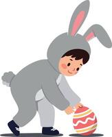 A cheerful child in a playful bunny costume joyfully picking up a colorful Easter egg in a flat illustration vector