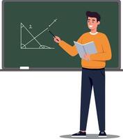 A male teacher in an orange sweater explaining geometry concepts on a chalkboard, showcasing a flat design style in vibrant colors, illustration vector