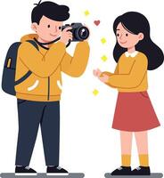 A young man capturing a moment with a camera while a woman smiles and holds her hand out, in a flat illustration style vector
