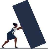Determined businesswoman pushing a large blue rectangle in a flat design illustration showcasing strength and perseverance in a minimalistic style vector
