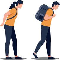 Two individuals depicted in a flat design style, one walking with a backpack while the other leans forward, showcasing movement in illustration vector