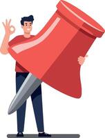A cheerful young man holding a large red pushpin with a friendly gesture in a colorful flat illustration vector