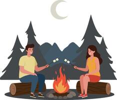 Two friends roasting marshmallows over a campfire in a serene forest setting, designed in a flat and colorful style, art vector