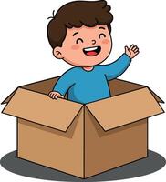 A cheerful boy with short brown hair joyfully waving from inside a large cardboard box, designed in a colorful flat illustration style. vector