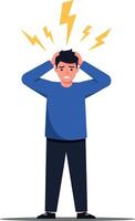 Man holding his head in distress with lightning bolts above, illustrated in a minimal flat design style, conveying frustration and anxiety in art vector