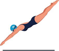 Dynamic swimmer in a sleek black swimsuit performing a graceful dive into a pool, minimal illustration capturing motion and athleticism in vibrant colors of art vector