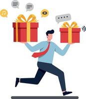 A man running joyfully while carrying two large gift boxes, illustrated in a flat design style, conveying excitement and celebration in art vector