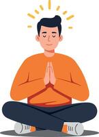 Man meditating in a serene posture wearing an orange sweater, showcasing a minimal and calming design style, emanating peace and tranquility in art vector