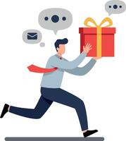 A man in a blue sweater and black pants running excitedly with a red gift box, showcasing a dynamic flat design illustration with speech bubbles vector