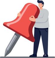 A man lifting a giant red pushpin in a minimal flat design style, showcasing creativity and innovation in art vector