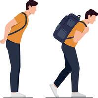 Man with a backpack walking and standing in a relaxed pose, flat illustration showing movement and casual style in a minimalistic design art vector
