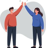 Two cheerful people giving high fives in a flat, minimal design style celebrating teamwork and friendship in illustration vector