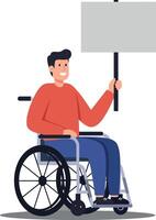 A young man in a wheelchair holding a blank sign while smiling, featuring a flat design style, emphasizing empowerment and positivity in illustration vector
