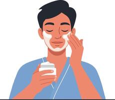 A young man applying facial cream while enjoying a skincare routine in a minimal and clean design style illustration vector