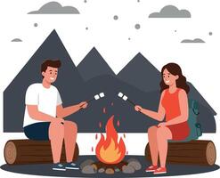 Two friends roasting marshmallows over a campfire in a serene mountain setting, featuring flat design elements, warm colors, and cheerful atmosphere, illustration vector