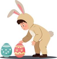 A young child dressed in a bunny costume crouching beside colorful decorated Easter eggs in a playful flat illustration vector