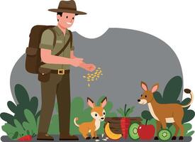 A man in a hat feeding two playful dogs with fruits and vegetables in a lush green setting, showcasing a cheerful and nurturing atmosphere in flat art vector