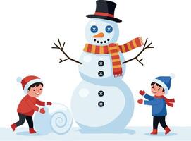 Two cheerful children building a snowman in a winter wonderland with a playful, flat design style, showcasing vibrant colors, illustration vector